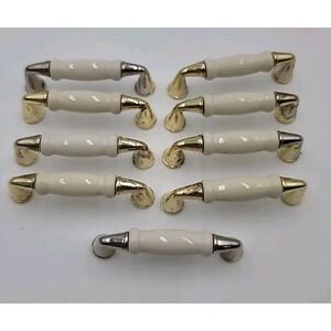 VTG 9pc Brass Beige Ceramic Cabinet Handles Drawer Pulls 3"on Center FOR SHOP